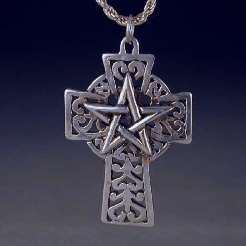 A Celtic cross with a five pointed star superimposed on the top.